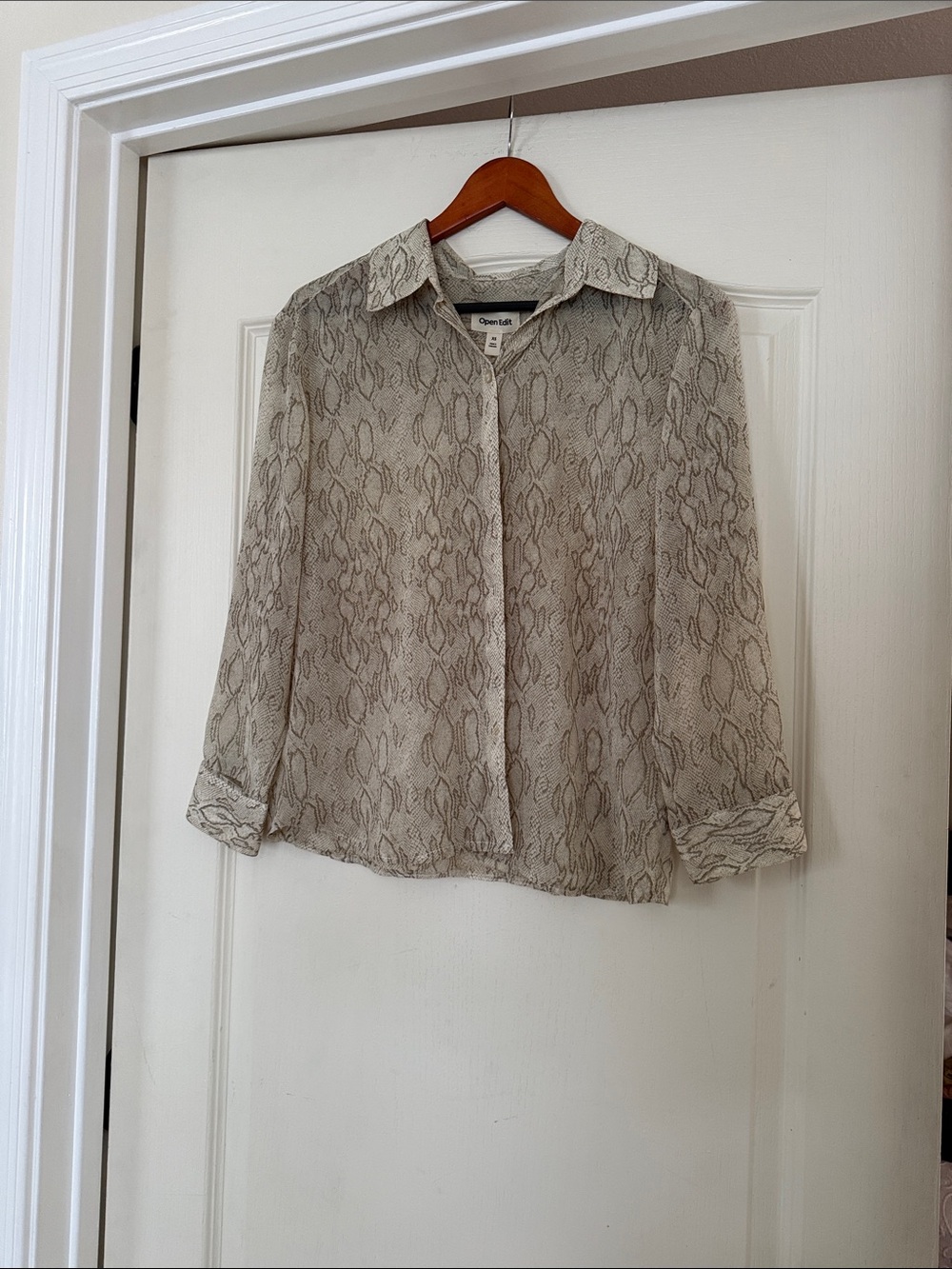 Open Edit Beige Snake-Print Button-Down Shirt